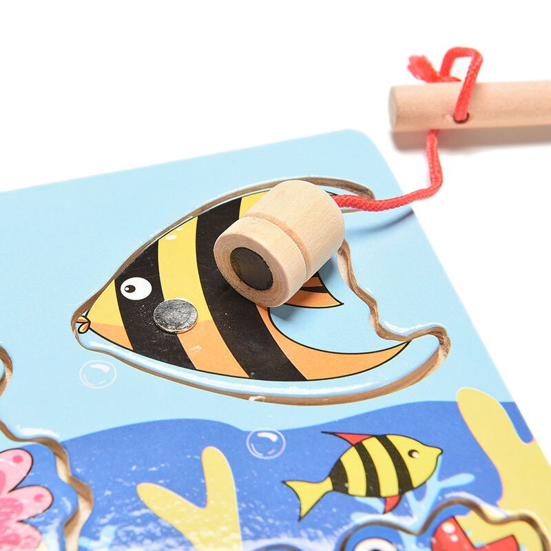 Children Fishing Game Wooden Ocean Jigsaw Board Magnetic Rod Outdoor Fun Toy For Kid Jogos De Tabuleiro Madeira Non-electric