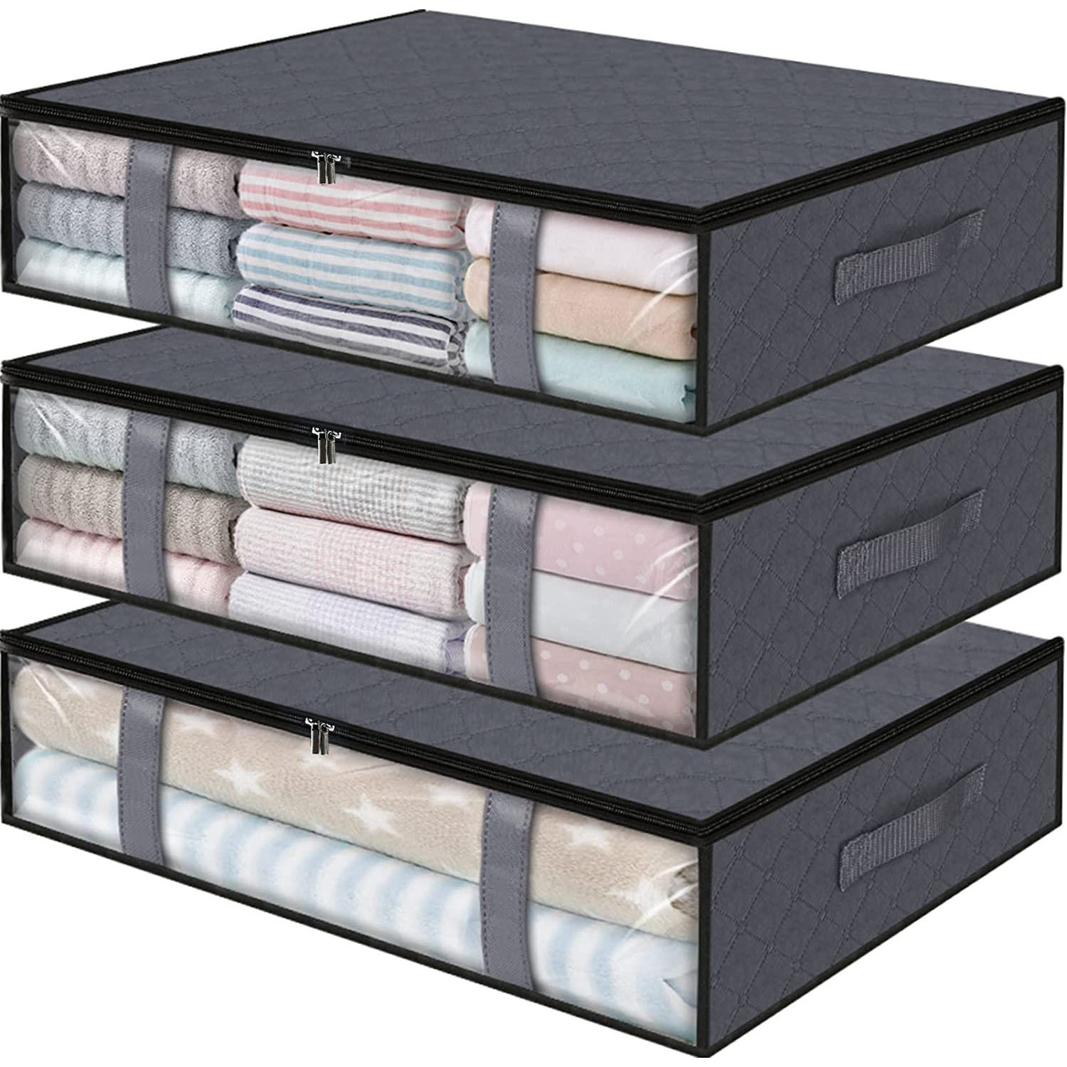 3 Pack Under Bed Storage Container Organizer Large Capacity Under Bed Clothes Storage Box Foldable Storage Bag with Clear Window: Chocolate