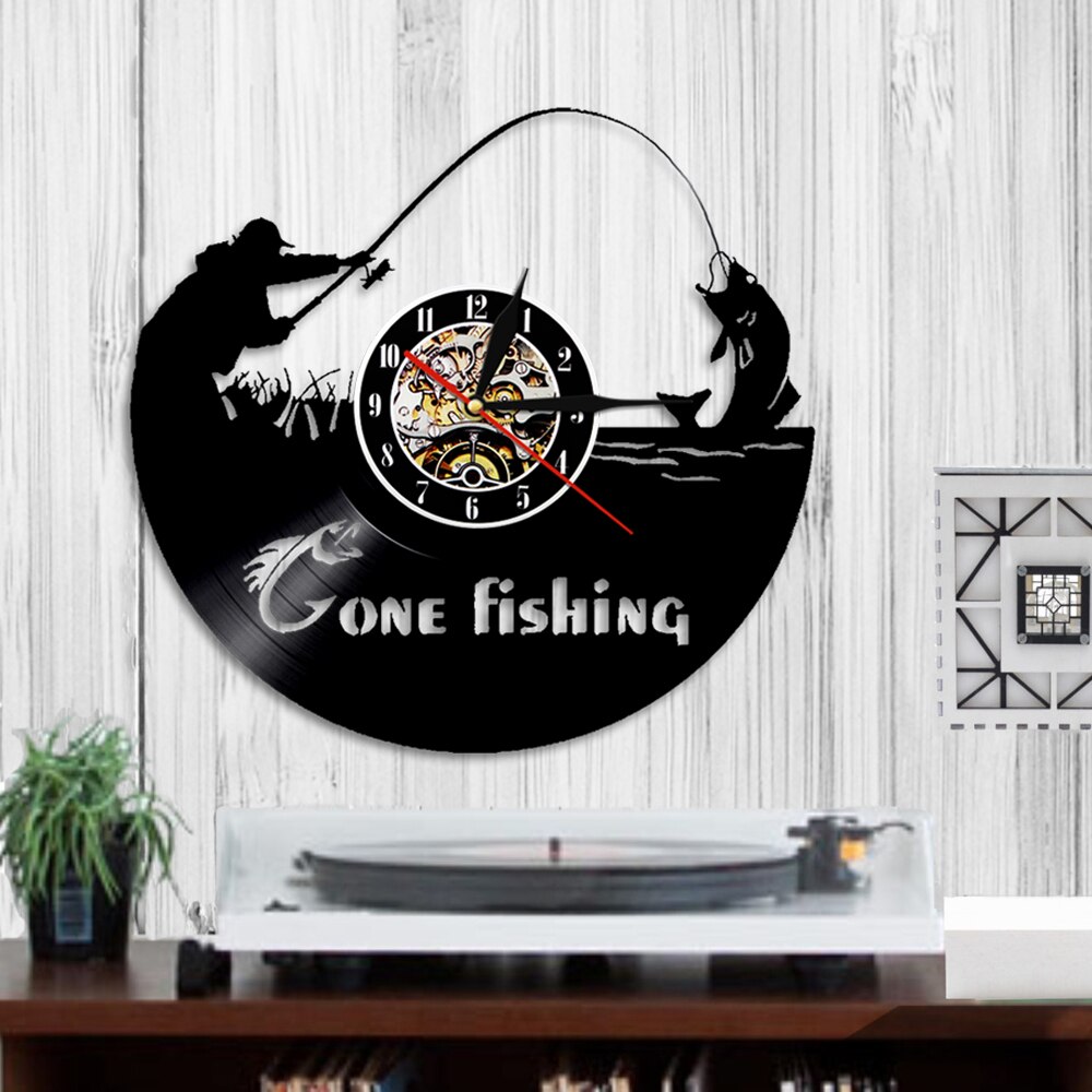 Gone Fishing Fish Rod Wall Clock Fisherman Home Decor Fishing Vinyl Record Wall Clock Timepieces Handmade For Fishermen