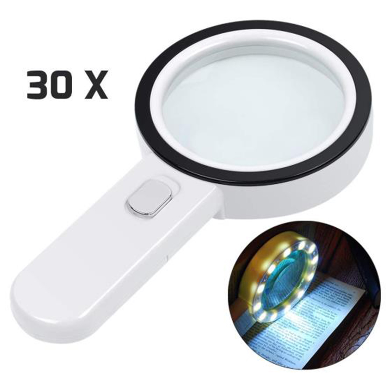 30X Vergrootglas met Licht, Handheld Verlichte Vergrootglas met Grote Dubbele Glazen Lens Led Loepen voor Senioren Lezen