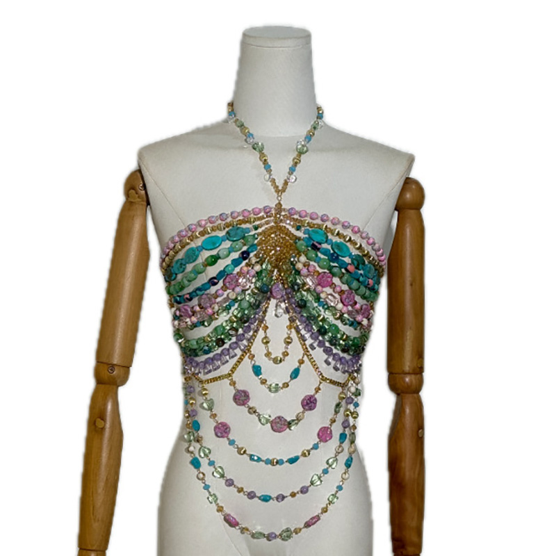 Sexy Women Handmade Turquoise Lavender Multi Stone Bead Body Chain Bikini Bra Hlater Romantic Tank Top Beachwear Lingeie