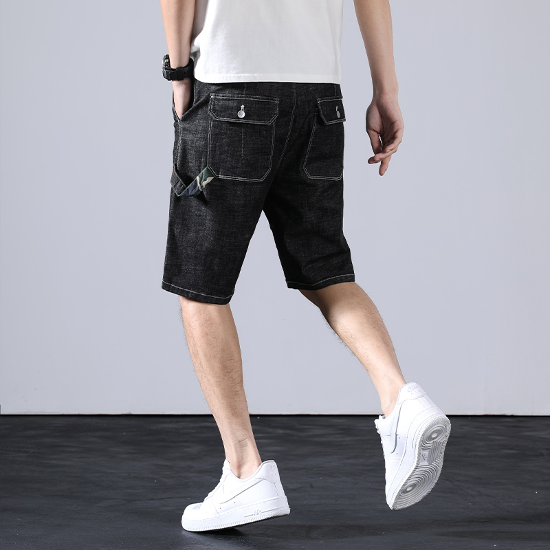 Men Solid Color Black Jeans Shorts Cool String Big Pocket Men Denim Shorts Straight Outdoor Knee Length Jeans Pants 28-38