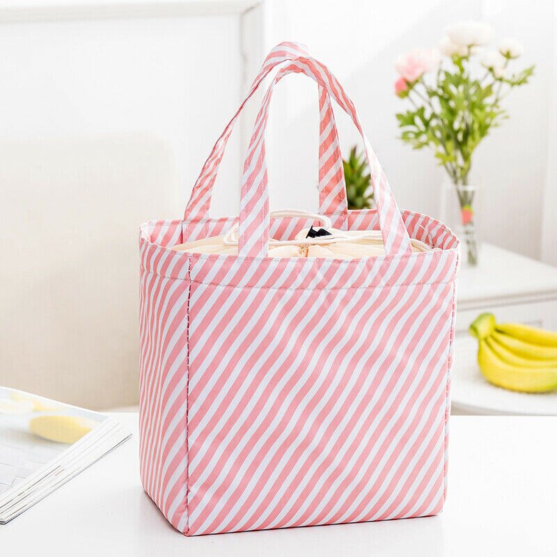 Waterproof Oxford Lunch Bag Picnic Camping Thermal Cooler Food Drink Cool Insulated Large Portable Bags For Women Kids Students: Pink White Stripe