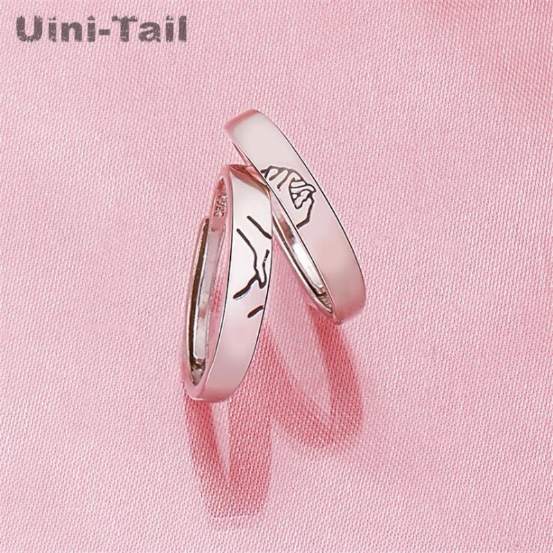 Uini-Tail 925 Sterling Silver Holder Hand Couple Opening Ring Trendy Flowing Jewelry ED707