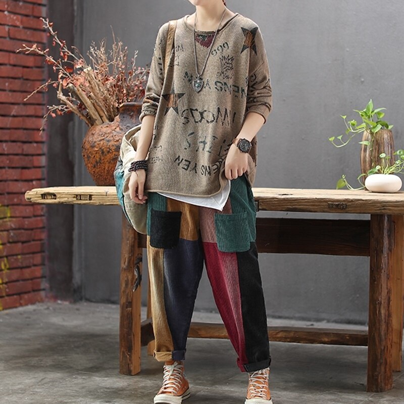 Pantalones Retro de pana para mujer, pantalón informal, holgado, con bolsillo y cintura elástica, estilo harén Vintage, TA2163, otoño e invierno,