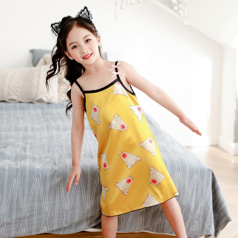 Children Clothing Girl Pajamas Dress Girls Silky Pajamas Sling Dress Nightwear Strawberry Cute Print Pattern Sleepwear Summer: YELLOW / 3-4Y