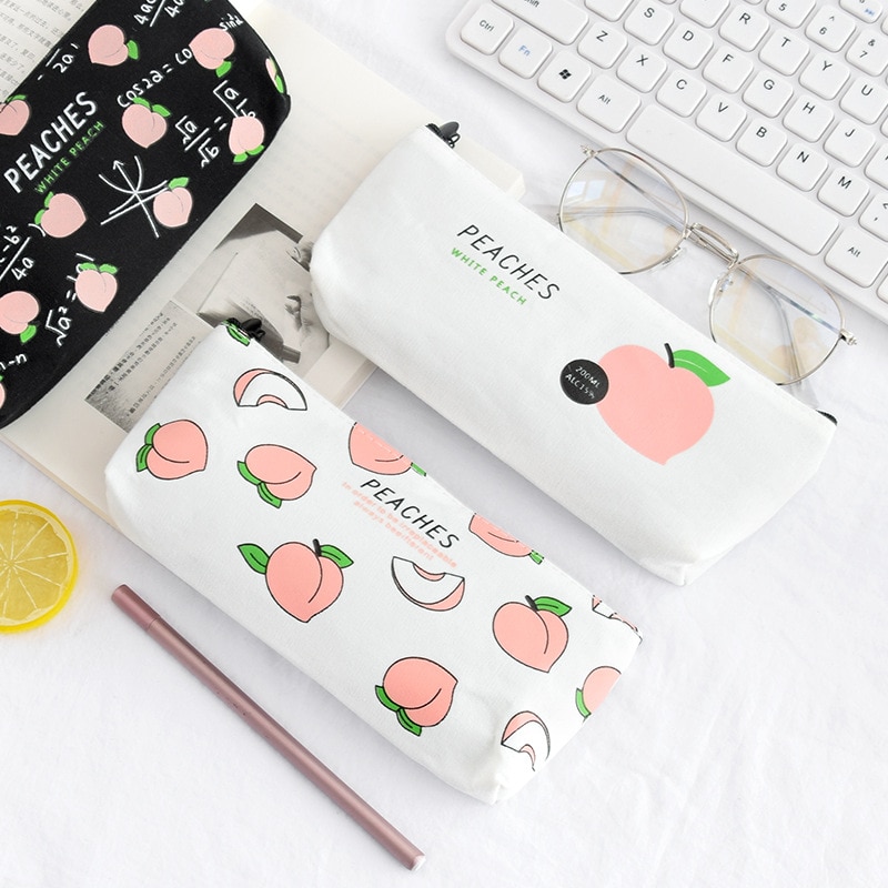 Estuche escolar Kawaii de lona para lápices de frutas y melocotón, estuche escolar para bolígrafos para niña, bolsa de lápices Kawaii, material escolar