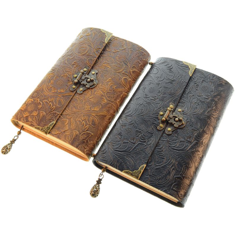 Embossed Pattern Soft Leather Travel Notebook with lock Key Diary Notepad Kraft X6HB