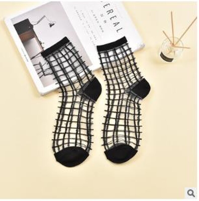 Spring Lace Transparent Crystal Lady Socks 10 Colors Comfy Sheer Silk Ankle Socks MOU QX2D: BK2