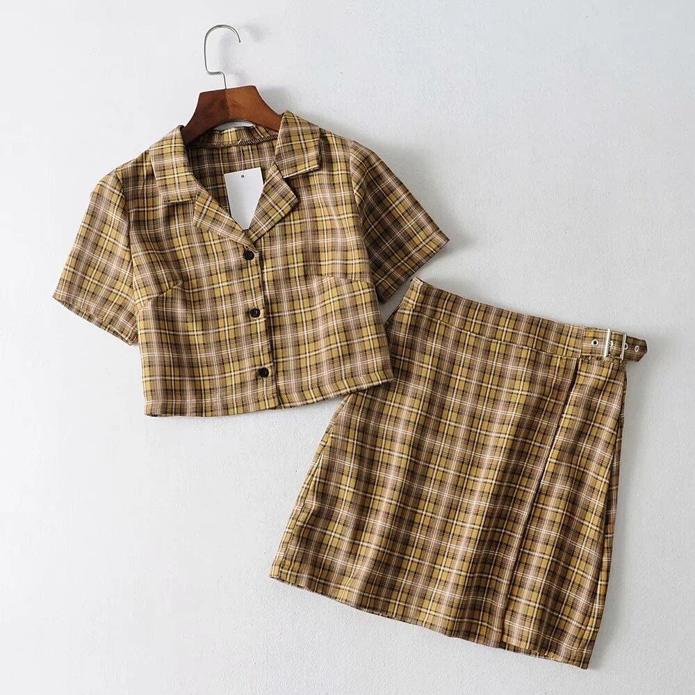 Vintage Plaid Trainingsanzug Frauen 2 Zwei Stück Set Casual Kurze Top Shirts + Mini Rock Passenden Sets Outfits conjuntos mujer Neue: D / S