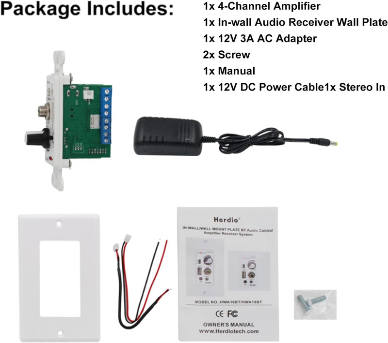 Herdio Bluetooth Wall Amplifier 4 Channels Volume Control Wall Plate USB/AUX Inputs Connect 4 Speakers With 12V3A Power Supply: 220V
