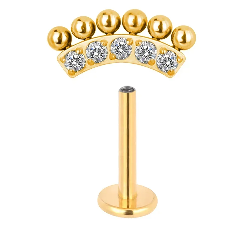 Orecchini a barra curva PIERC in titanio ASTM F136 con sfera e gioielli per piercing al corpo con labret filettato superiore pavimentato CZ: verde / Oro-colore