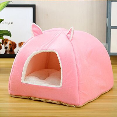 Foldbar hundeseng selvopvarmende til indendørs katte hundehus med aftagelig madras hvalpebur liggestol grå pink: Lyserød / 43 x 43 x 40cm