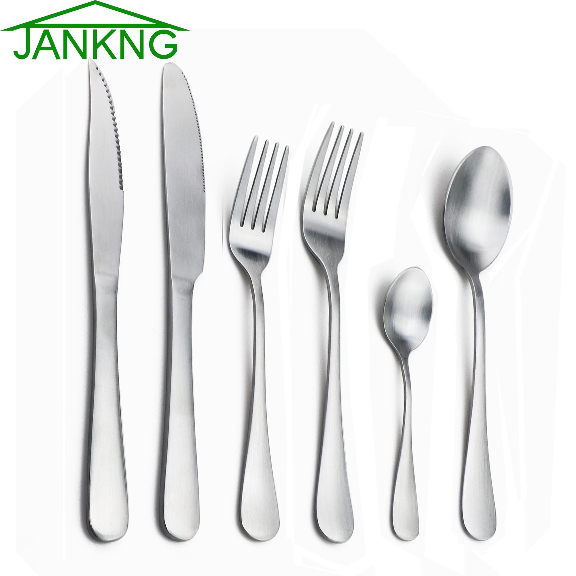 JANKNG Silver Dinnerware Set Stainless Steel Matte Silverware Cutlery Steak Knife Dessert Fork Teaspoon Tableware