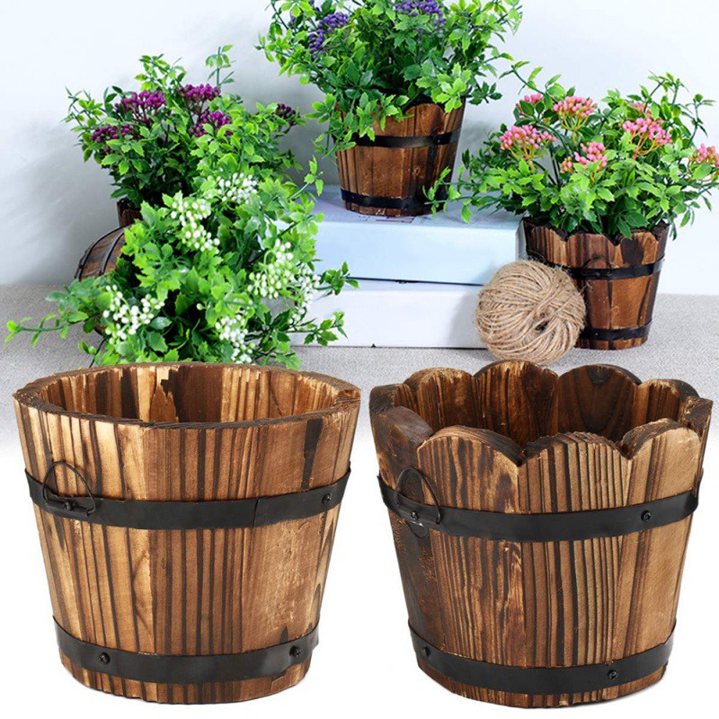 Rustieke Houten Emmer Vat Plantenbakken Bloempotten Container Met Afvoer Gat Voor Patio Tuin Outdoor Indoor Home Decoratie