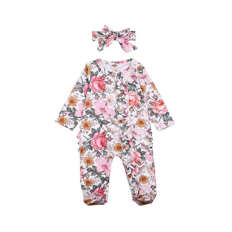 Newborn Infant Baby Boy Footies Sleeper Romper Floral Print One Piece Headband Toddler Baby Girls Winter Romper Jumpsuit Clothes: C / 12M