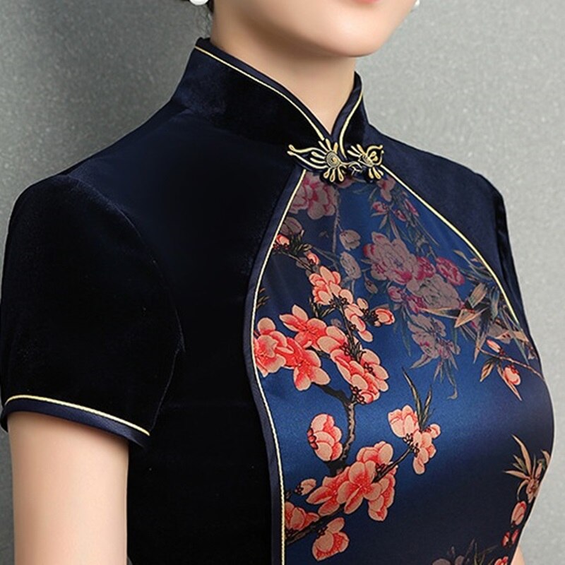 Chinese Dress Qipao Shanghai Tang Clothes Short Sleeve Velvet Cheongsam Dress Slit Robe Vintage Femme Black Vietnam Dress FF1554