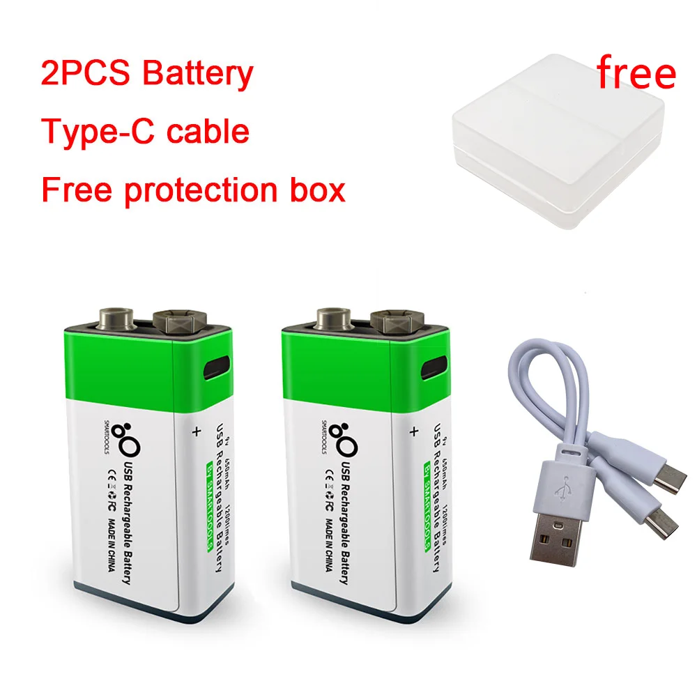 Batteria ricaricabile USB 9V-agli ioni di litio, 650mAh, ricarica di tipo C, ricarica rapida 1.5h, li-ione: Rosso