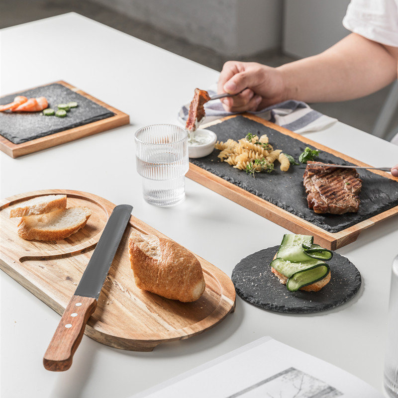 Naturlig træplade med skifer stenbakke køkken sushi bbq plade pad bøf dessert kage bakke køkken fad restaurant forsyninger