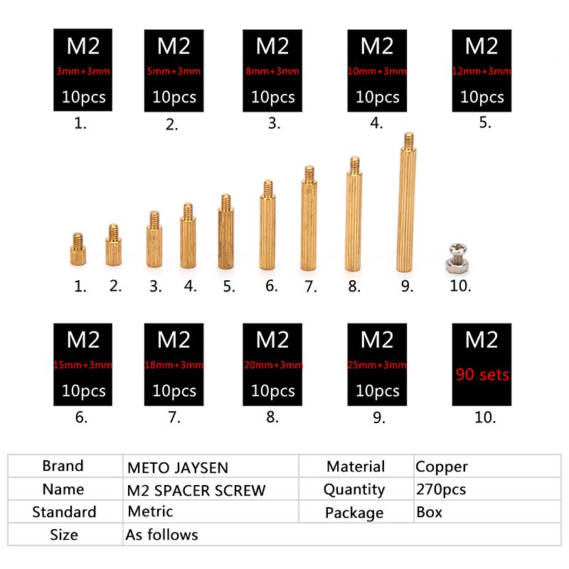 M2 Mannelijke Vrouwelijke Messing Spacer Standoff Schroef Diy Accessoires Kits Afstand Pijler Gekartelde Moer Assortiment Kit 270 Pcs