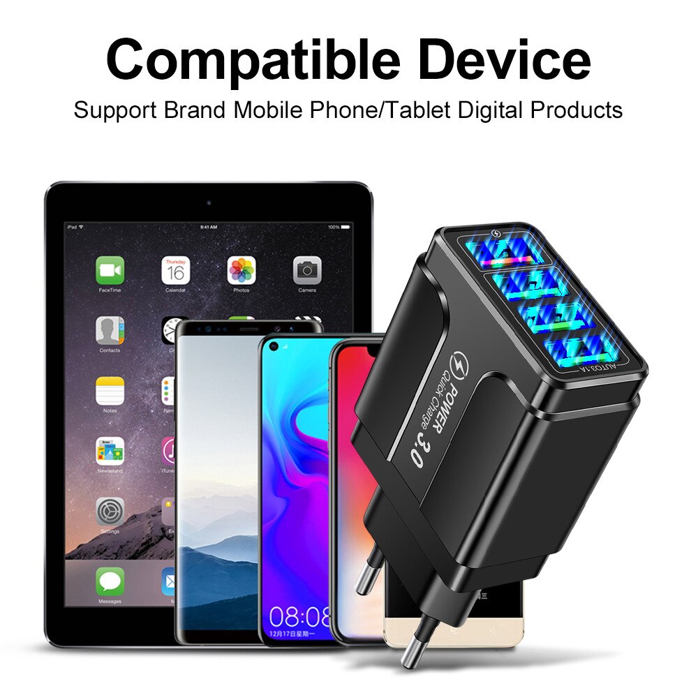 QC 3.0 Mobile Phone Charger Adapter 5V 3A Quickly Charger 4 USB Port Illuminate Travel For Iphone Samsung Xiaomi Huawei Adapter