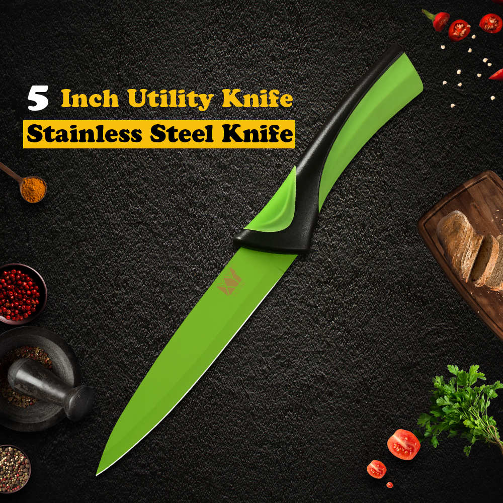 Xyj 6 stk rustfritt stål knivsett 8 '' 7 '' 5 '' 3.5 '' fargerikt skarpt tynt blad komfortabelt håndtak kniver matlaging kjøkken dingser: F .5m brukskniv