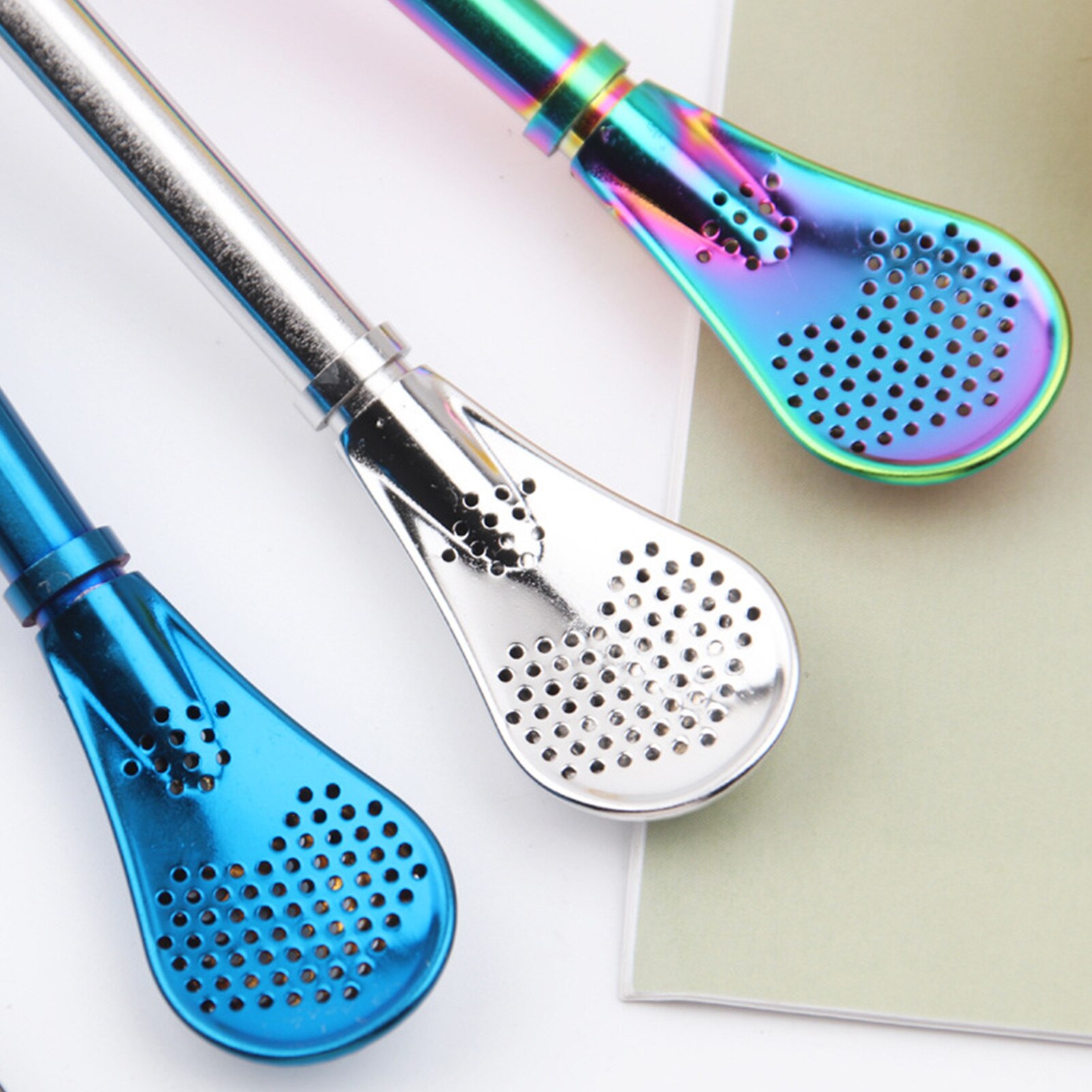 2 in 1 Spoons Stainless Steel Long Handle Drinking Straw Spoon Tea Filter Dessert Spoon Reusable Coffee Stirring Spoon Teaspoon