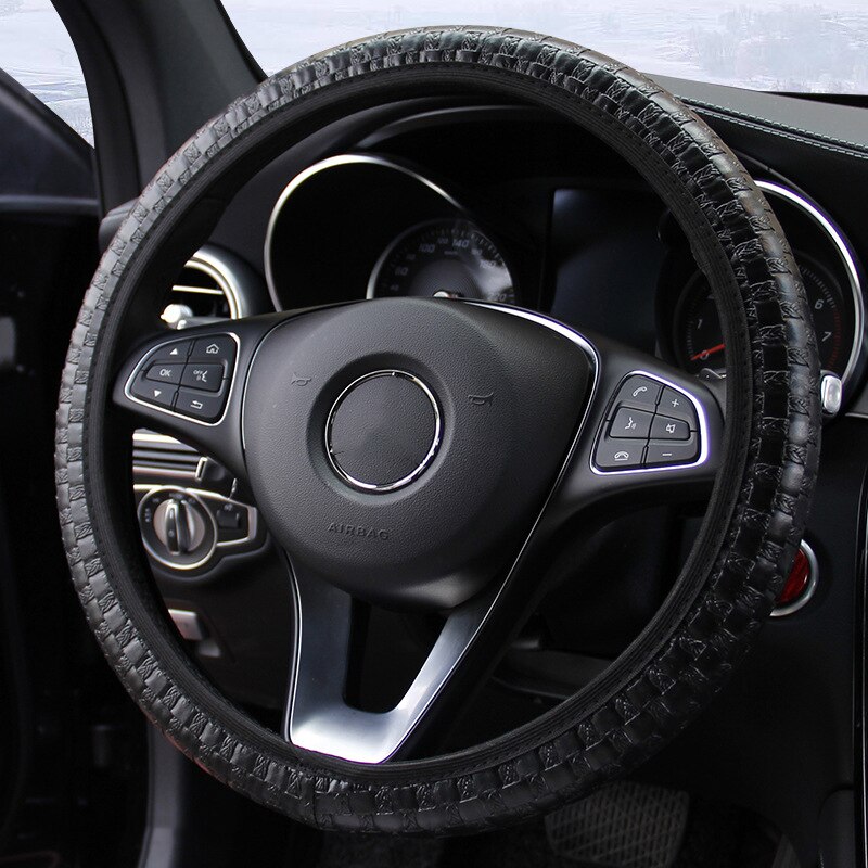 Geweven Lederen Elastische Zonder Binnenring Auto Stuurhoes Comfortabele Shock Absorptian Installeren Auto-Styling: Black