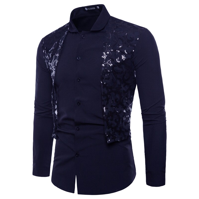 Herr långärmade skjortor herr sommar business casual slim-fit skjortor herr solid paljett spets dekorerade smoking skjortor: Marinblå / Xxl