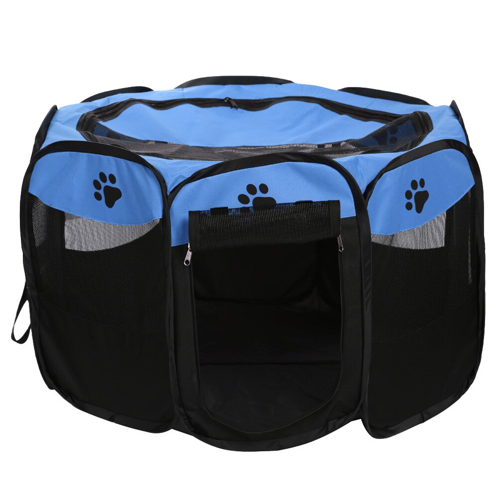 Garra impressão portátil dobrável pet cerca interior ao ar livre jogo seguro guarda playpen pequeno médio gaiola animal para gato cão: Dark Blue	