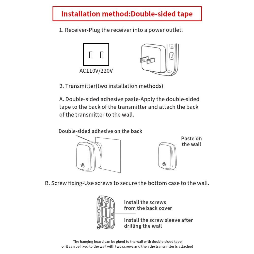 CACAZI Draadloze Deurbel - Zelfopladende Knop - 150M Bereik - 60 Melodieën - 5 Volume Niveaus 0-110dB