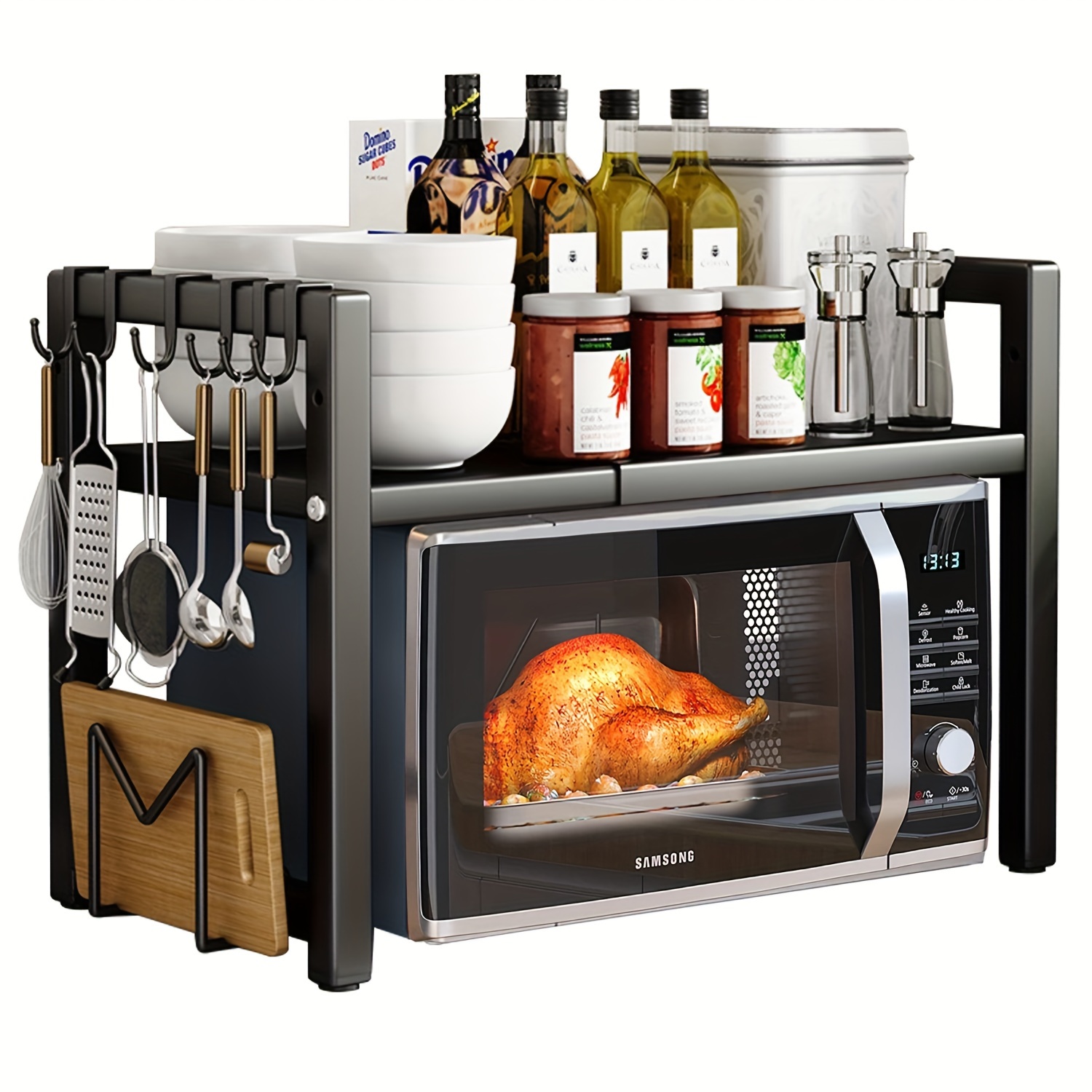 Utvidbar hylle til mikrobølgeovn, holder til mikrobølgeovn med 6 kroker, oppbevaringsstativ til kjøkken, stekestativ til mikrobølgeovn, utvidbar 40-64cm