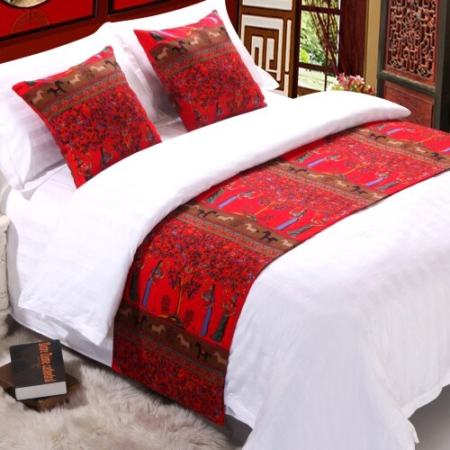 Rayuan etnisk stil rød polyester sengetæppe dobbeltlags sengeløber smid hjem hotel sengetøj single queen king seng halehåndklæde: Rød / Dronning 50 x 210cm