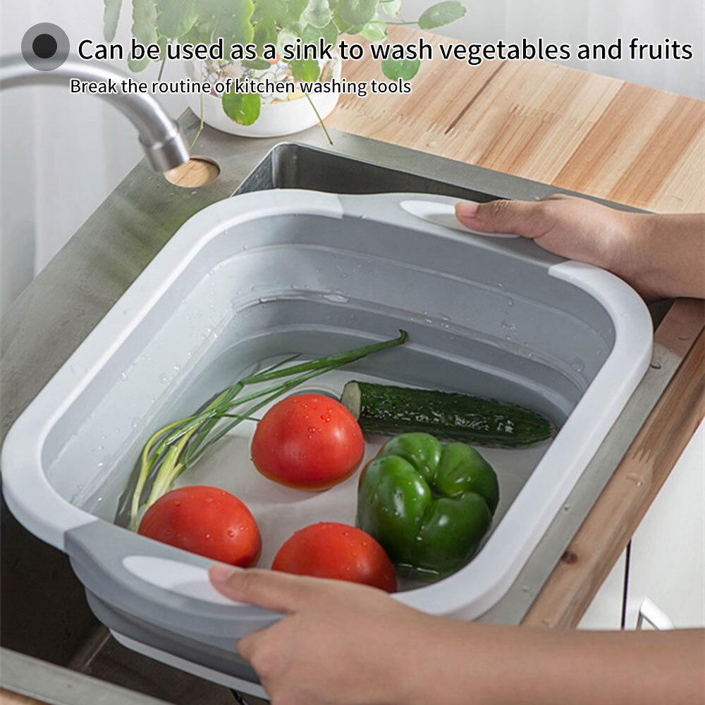 Panier planche à découper pliable 4 en 1, bac à vaisselle pliable avec bouchon de vidange passoire Fruits légumes lavage évier de rangement