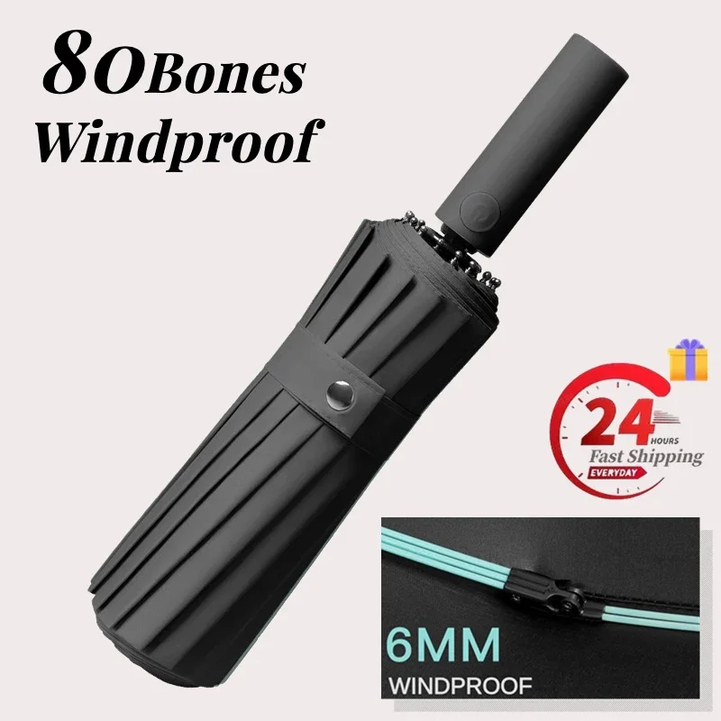Paraguas refuerido de 80 huesos súper fuerte a prueba de viento con pliegue automático para hombres, paraguas UV grandes impermeables antitormenta para mujeres