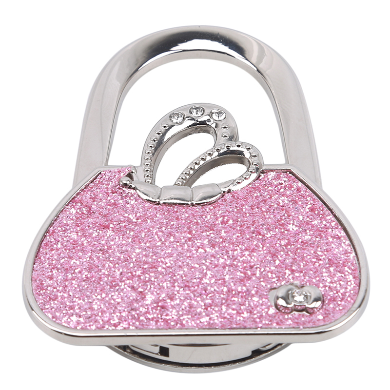 Metal Folded Handbag Hook Hanger Handbag-shape Flashing Purse Bag Hanger Hook Holders Table Hook Bag Accessories: pink