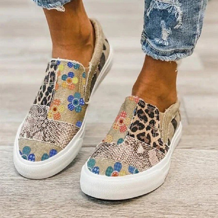 LEMAI Plus Size 35-43 Floral Women Canvas Shoes Outdoor Sports Casual Shoes Splicing Breathable Flat Running Shoes