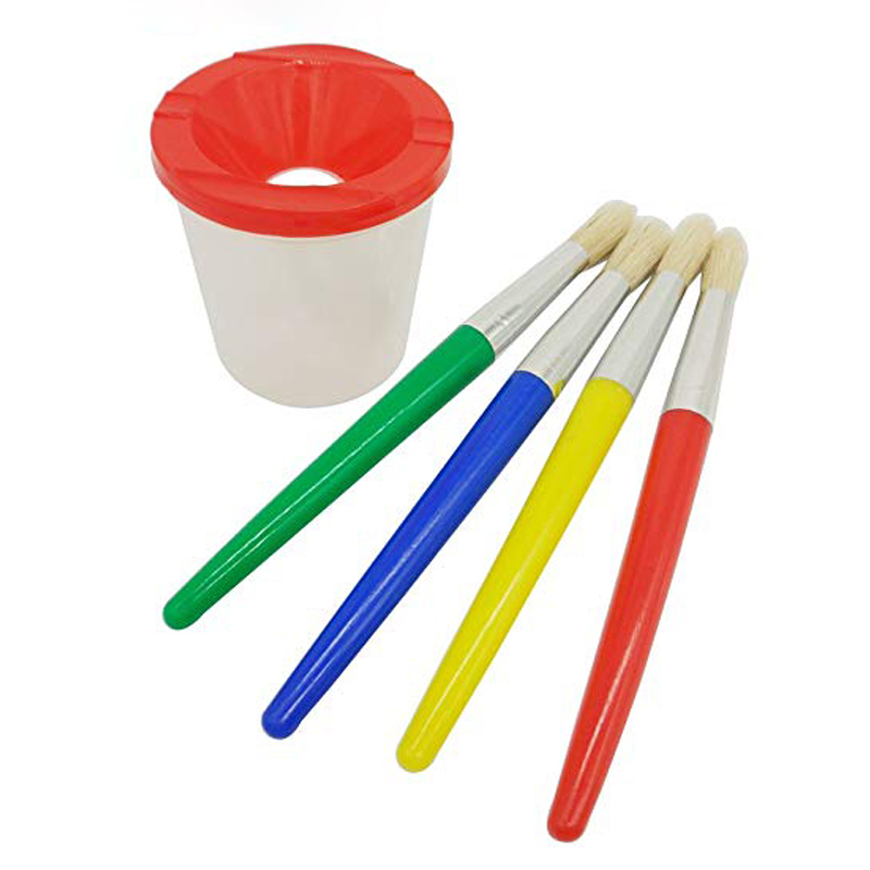 Tazas de pintura sin derrames para niños con tapas de colores conjunto de brochas redondas grandes con mangos de plástico tazas de pintura a prueba de derrames pintura pinceles