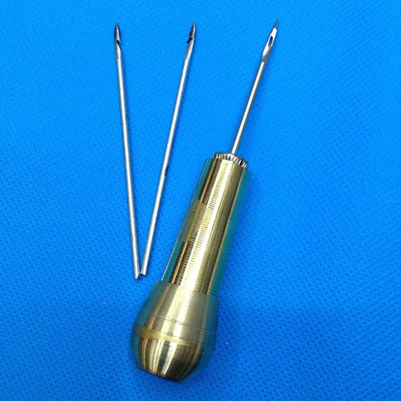 Suministros de costura de cuero, cono de Mango de cobre, herramienta de reparación de zapatos portátil con 3 juegos de agujas, Kit de costura de mano, lienzo artesanal