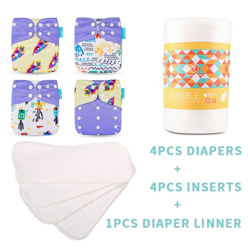 Happyflûte-couche lavable réutilisable, 4 Inserts + 1 couche jetable, taille ajustable, convient aux bébés de 3 à 15KG: SMT008-B22