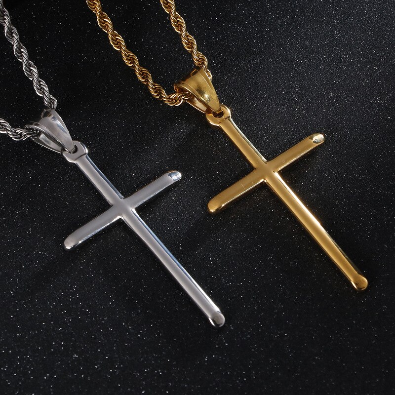 Trendy Golden Cross Pendant Necklace for Men Boy Stainless Steel Catholicism Religious Necklaces Simple Charm Male Jewelry