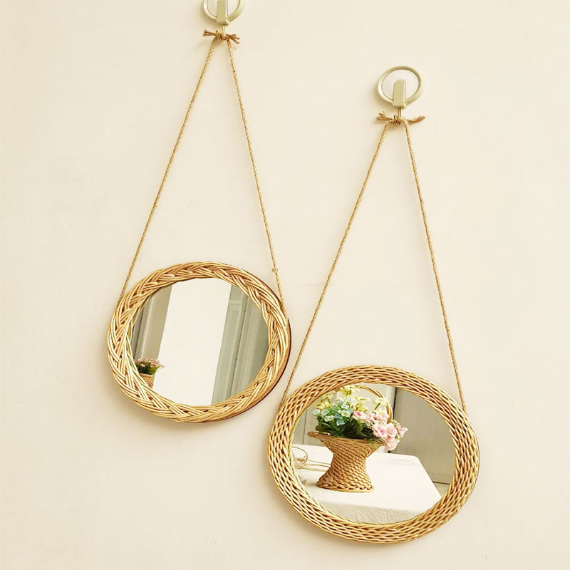 Accroche-miroir mural décoratif en rotin | Cadre en osier, style cosmétique, Unique, motif rétro, tendance