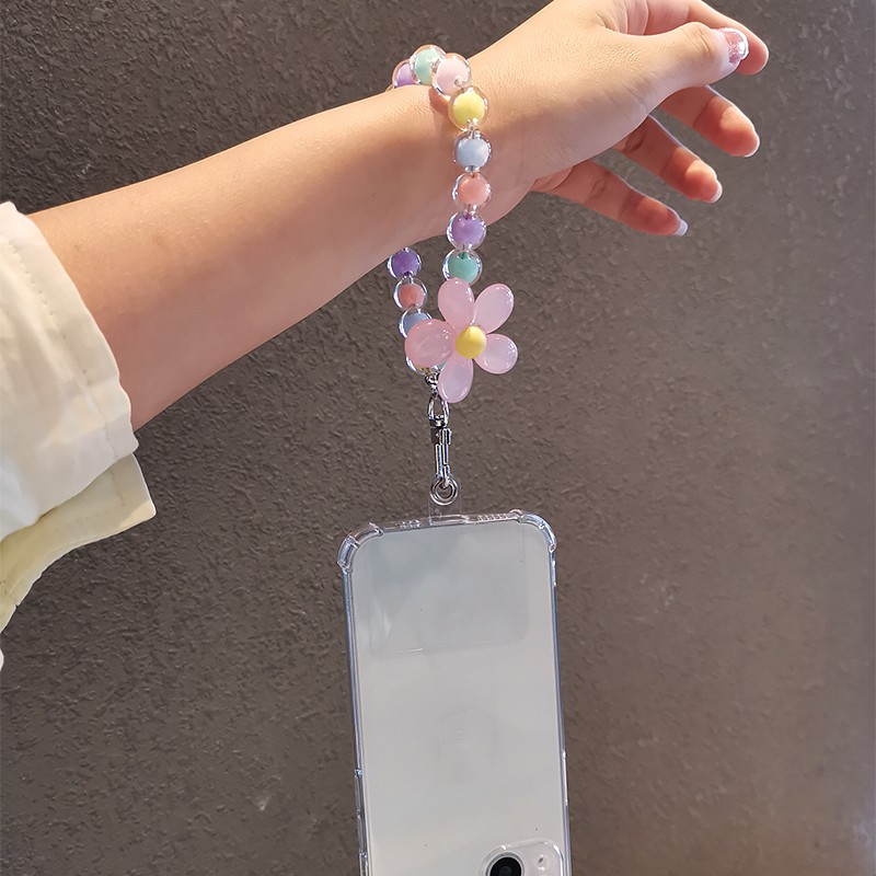 Korean Colorful Flower Beaded Mobile Phone Charm Strap Chain Lanyard Women Girl Jewelry Phone Holder Beads Pendant
