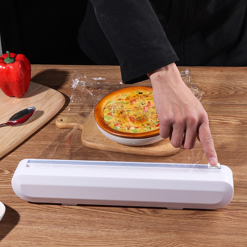 Food Wrap Dispenser Cutter Foil Cling Film Wrap Dispenser Plastic Sharp Cutter Storage Holder Suction Cup Kitchen Tool