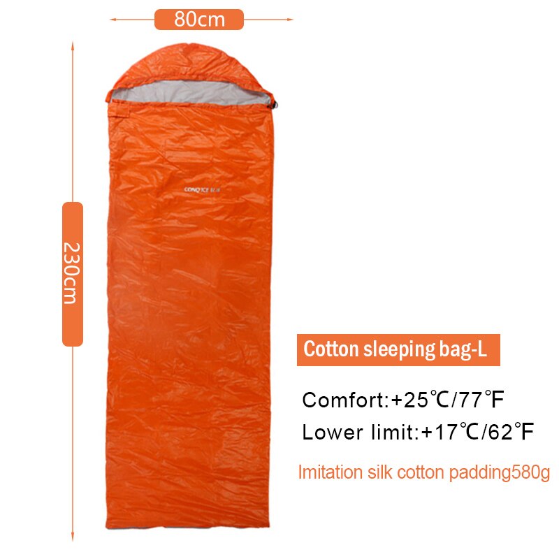 Conq ice mini udendørs ultralet ultra-lille kuvert type bomulds sovepose splejsbar camping klatring bærbar sovepose: Med hætte orange l