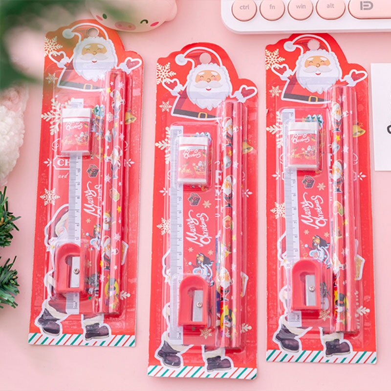 5Pcs/Set Christmas Stationery Set Cartoon Pencil Ruler Eraser Pencil Sharpener Kids Kindergarten Pupil Student School SA