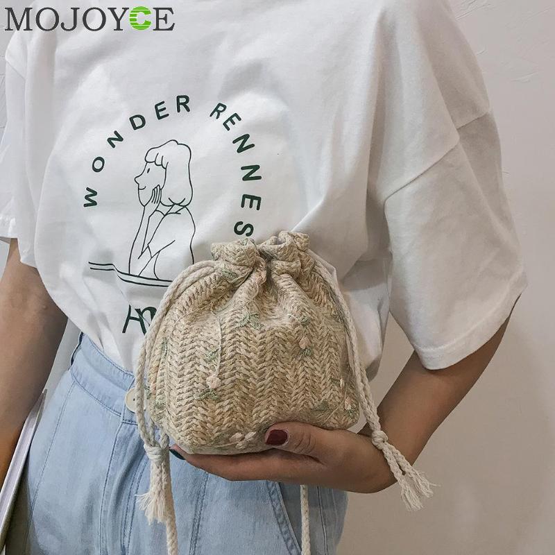 Female Casual Embroidery Lace Flower Decor Shoulder Handbags Women Straw Drawstring Crossbody Messenger Bags bolsa feminina
