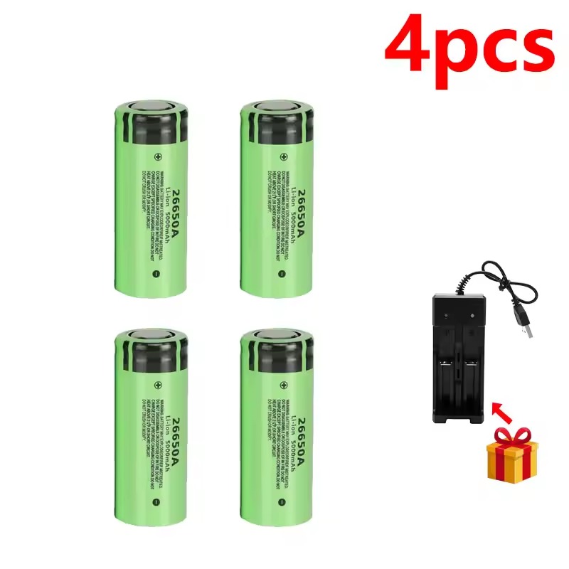 Original 26650A battery 5000mAh 3.7V 50A lithium-ion rechargeable battery 26650A LED flashlight + charger: Silver