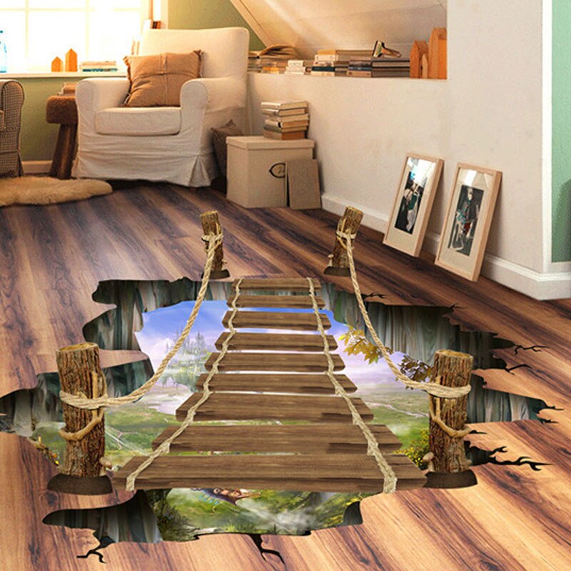Mural pequeño en 3D, puente suspendido, Fondo de foto de paisaje natural, papel pintado de suelo para decoración de baño FP8