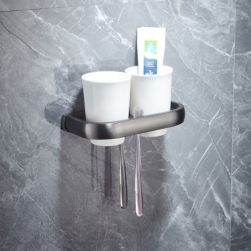 Messing Badkamer Plank Gunmetal Muur Handdoek Plank Messing Wc Handdoek Bar Nordic Driehoek Mand Toiletborstel Hardware Set: double cup holder